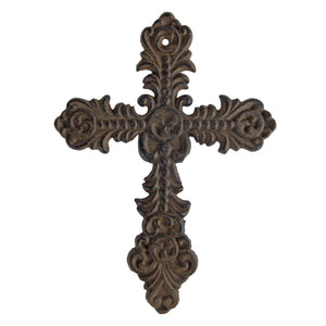 Small Cast Iron Wall Cross Floral Fleur De Lis Accents Antique Style 7 x 5 inch