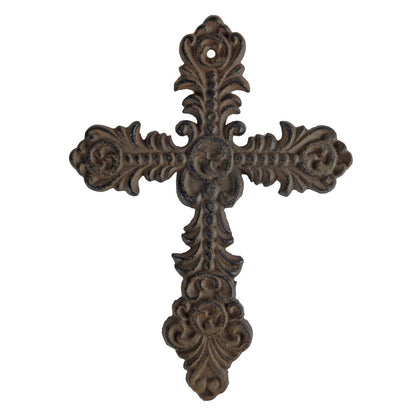 Small Cast Iron Wall Cross Floral Fleur De Lis Accents Antique Style 7 x 5 inch
