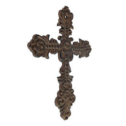 Small Cast Iron Wall Cross Floral Fleur De Lis Accents Antique Style 7 x 5 inch