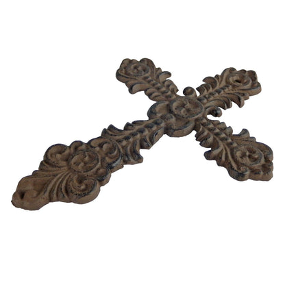 Small Cast Iron Wall Cross Floral Fleur De Lis Accents Antique Style 7 x 5 inch
