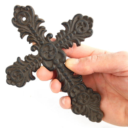 Small Cast Iron Wall Cross Floral Fleur De Lis Accents Antique Style 7 x 5 inch