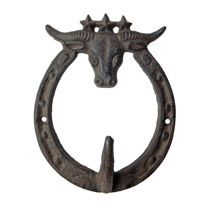 Cast Iron Lucky Horseshoe Wall Hook Longhorn Stars Western Key Towel Coat Hanger