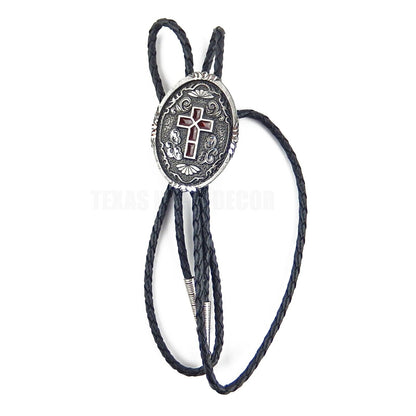 Oval Red Enamel Cross Floral Bolo Tie Black 36 in Braided Cord Made in USA