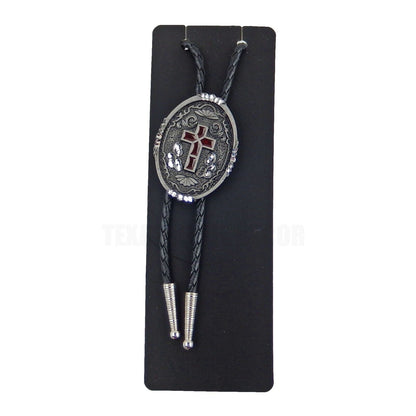 Oval Red Enamel Cross Floral Bolo Tie Black 36 in Braided Cord Made in USA