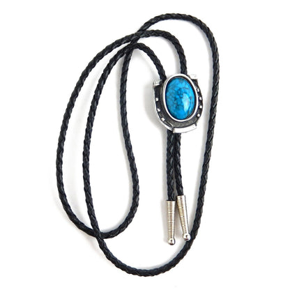 Horseshoe Blue Stone Bolo Tie Antique Silver 36 inch Black Cord Made in USA