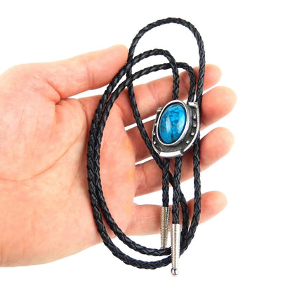 Horseshoe Blue Stone Bolo Tie Antique Silver 36 inch Black Cord Made in USA