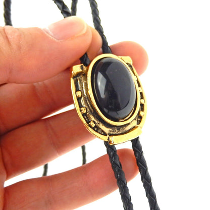 Horseshoe Black Onyx Stone Bolo Tie Antique Gold 36 inch Cord Made in USA