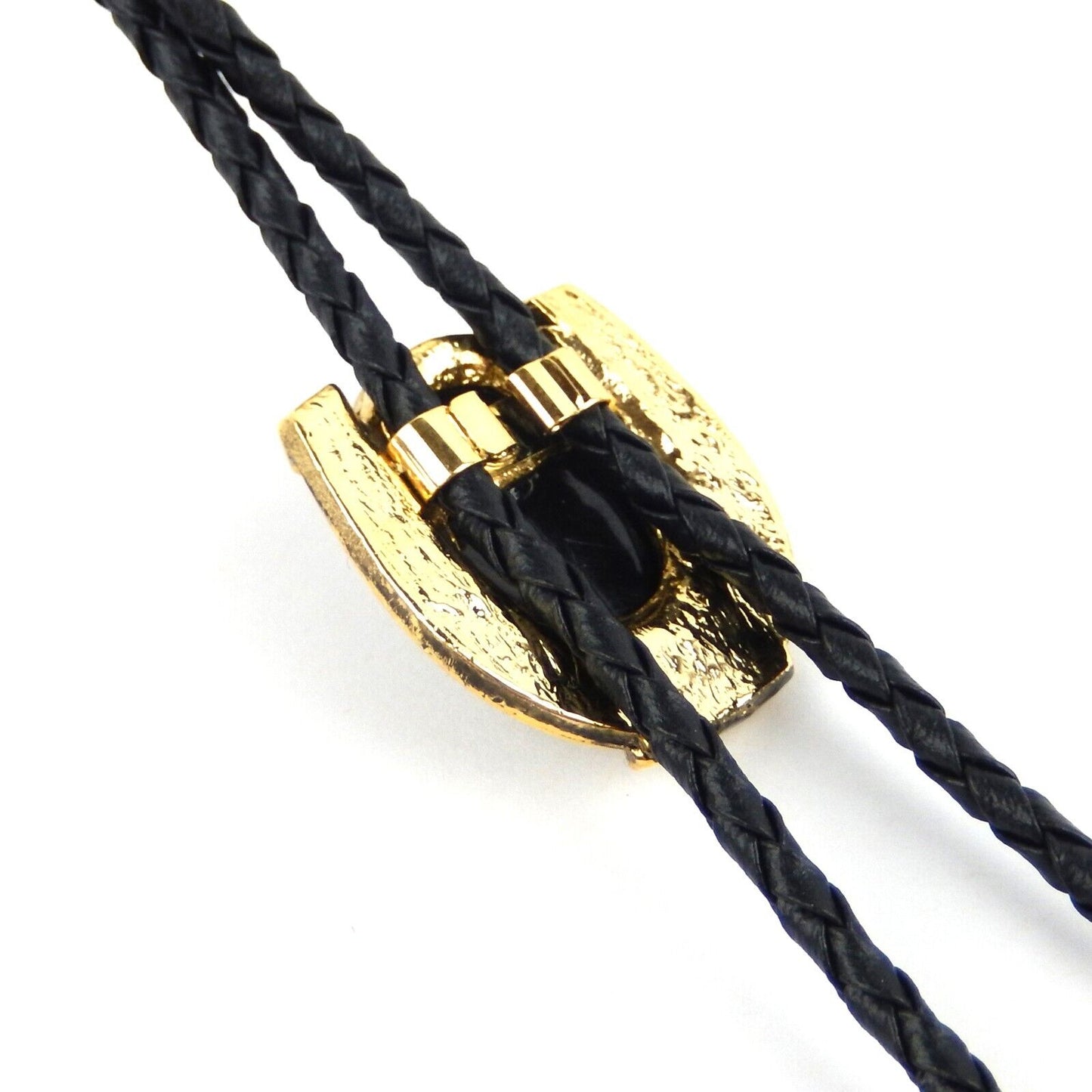 Horseshoe Black Onyx Stone Bolo Tie Antique Gold 36 inch Cord Made in USA