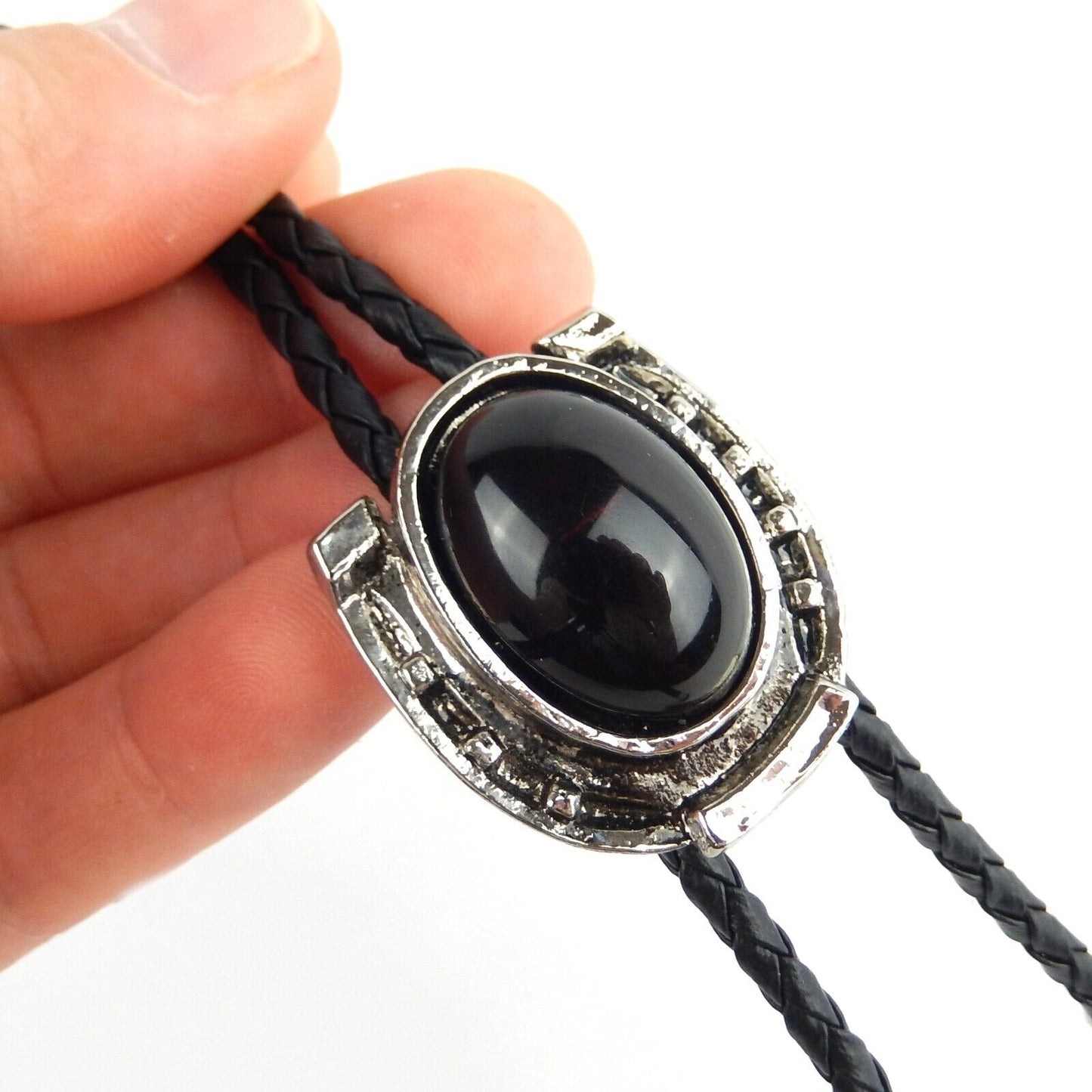 Horseshoe Black Onyx Stone Bolo Tie Antique Silver 36 inch Cord Made in USA