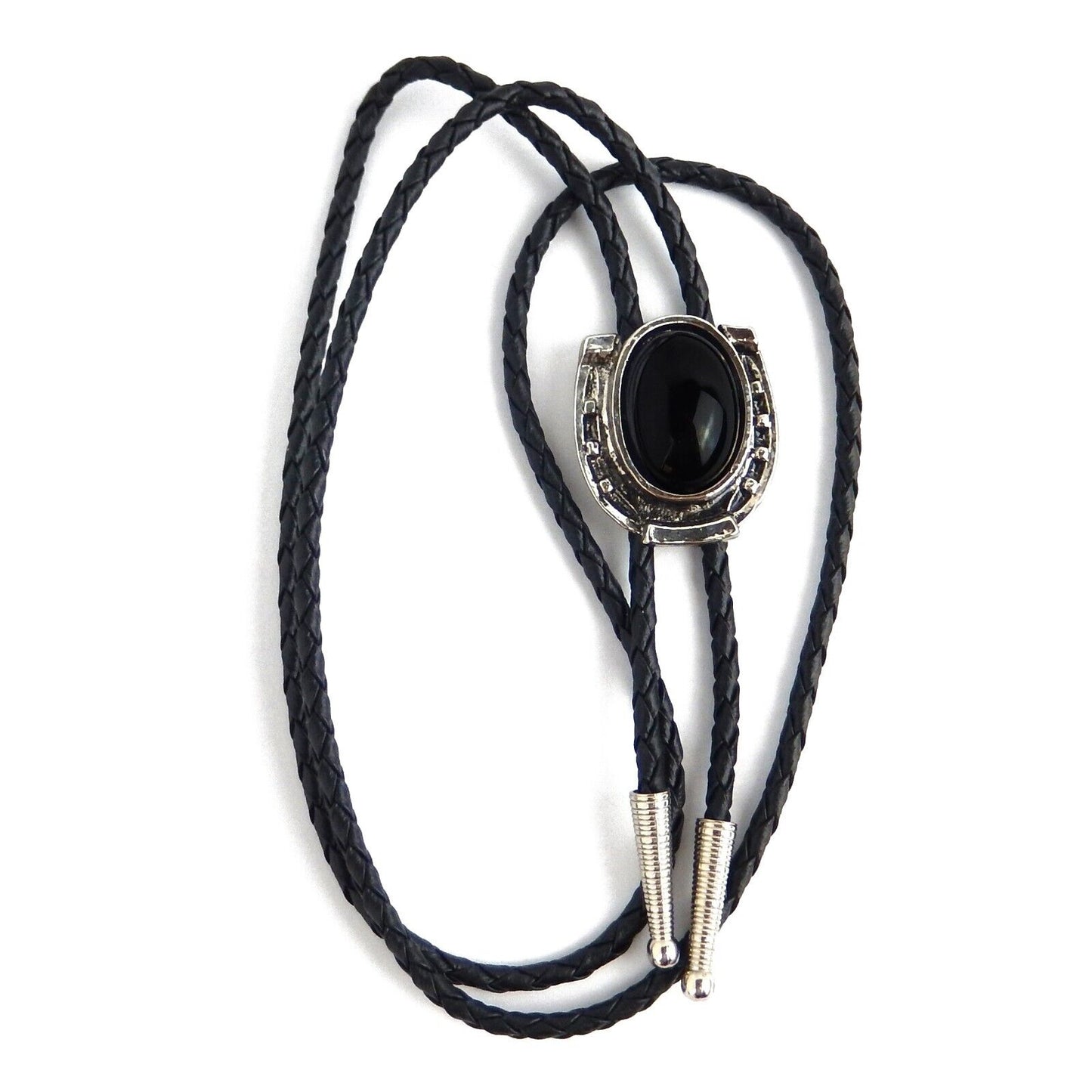 Horseshoe Black Onyx Stone Bolo Tie Antique Silver 36 inch Cord Made in USA