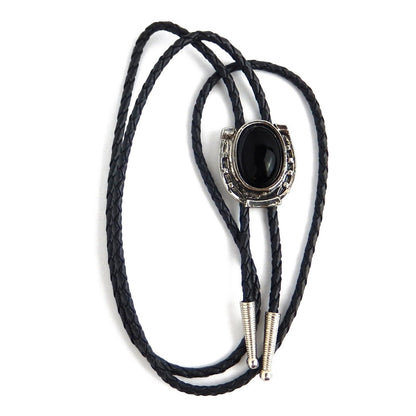 Horseshoe Black Onyx Stone Bolo Tie Antique Silver 36 inch Cord Made in USA