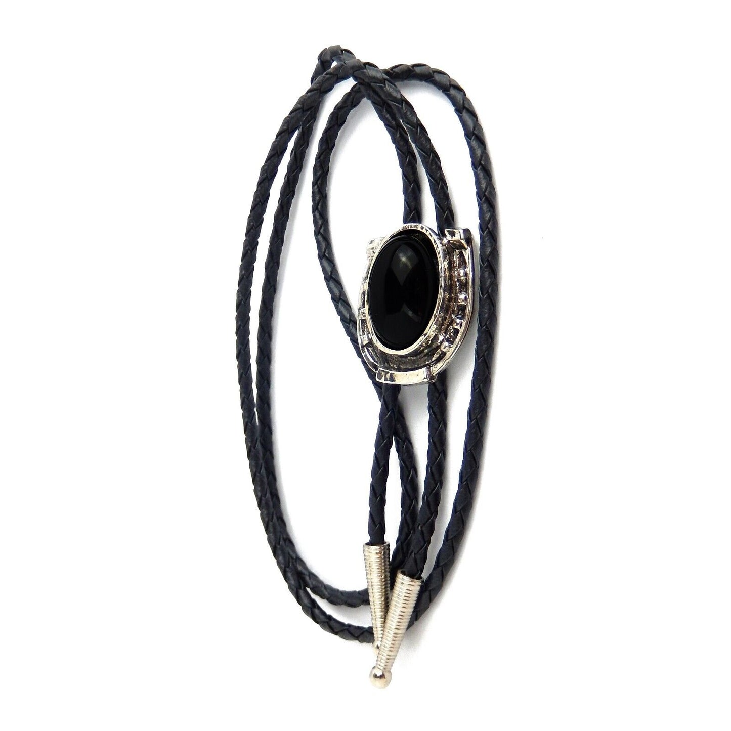 Horseshoe Black Onyx Stone Bolo Tie Antique Silver 36 inch Cord Made in USA