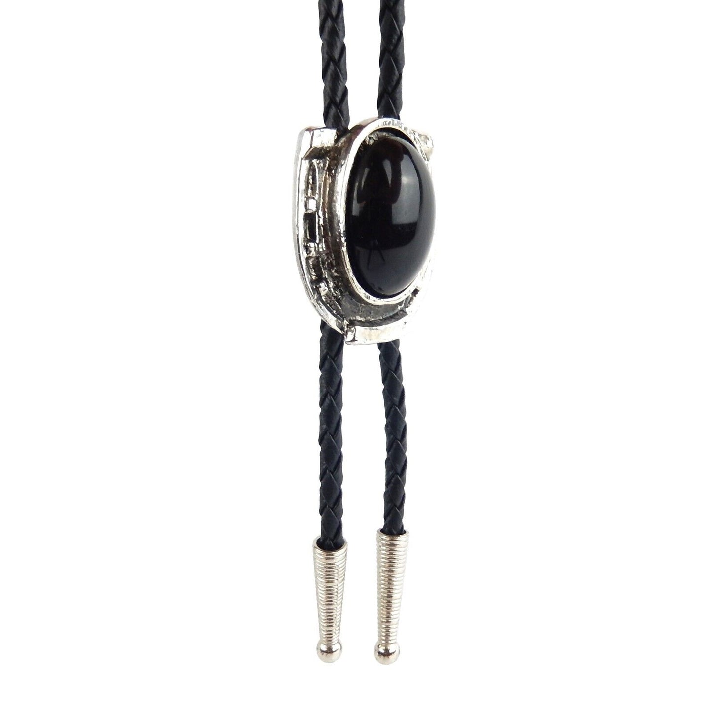 Horseshoe Black Onyx Stone Bolo Tie Antique Silver 36 inch Cord Made in USA