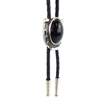 Horseshoe Black Onyx Stone Bolo Tie Antique Silver 36 inch Cord Made in USA