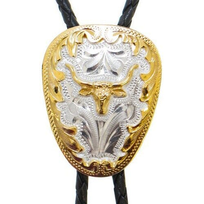 Longhorn Bolo Tie German Silver Gold Tone Adjustable 36 inch Cord Made in USA