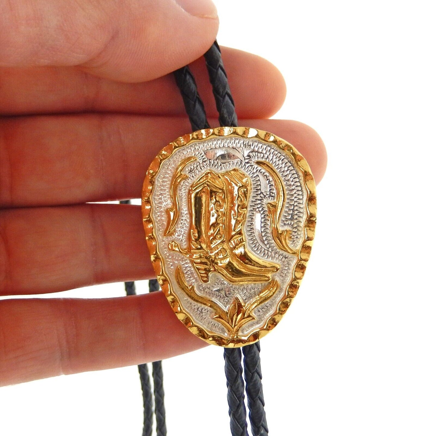 Boots Bolo Tie German Silver Gold Tone Adjustable 36 inch Cord Made in USA