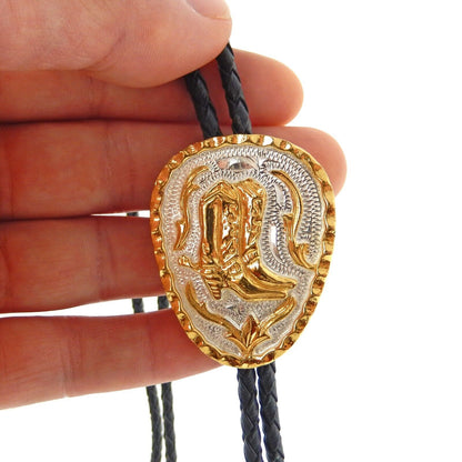 Boots Bolo Tie German Silver Gold Tone Adjustable 36 inch Cord Made in USA