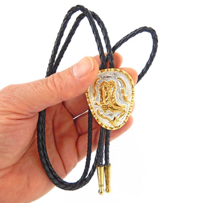Boots Bolo Tie German Silver Gold Tone Adjustable 36 inch Cord Made in USA