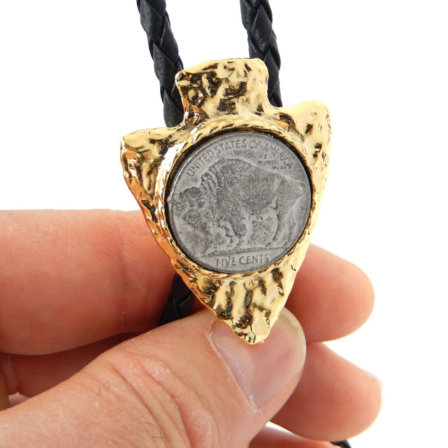 Buffalo Coin Gold Arrowhead Bolo Tie 36 inch Adjustable Braided Cord Made In USA