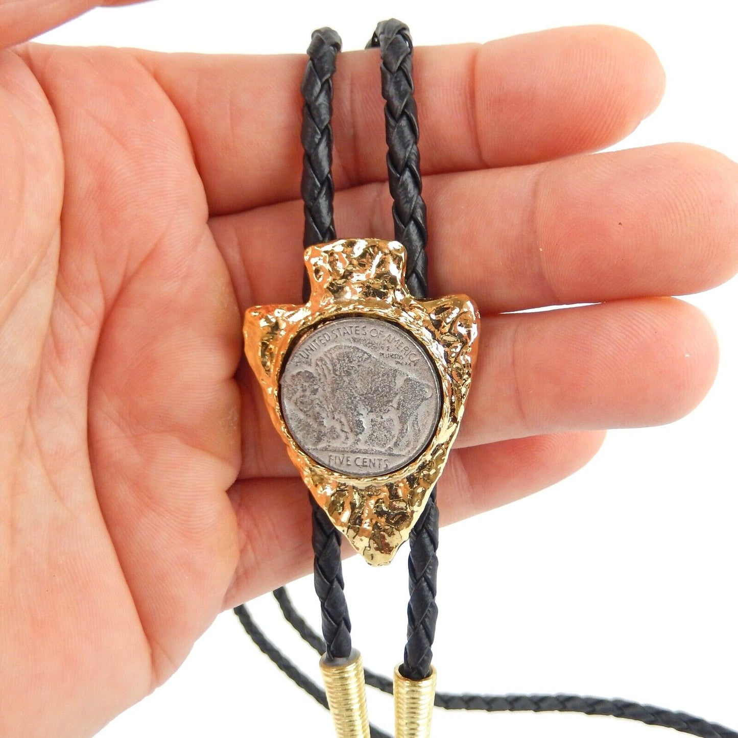 Buffalo Coin Gold Arrowhead Bolo Tie 36 inch Adjustable Braided Cord Made In USA