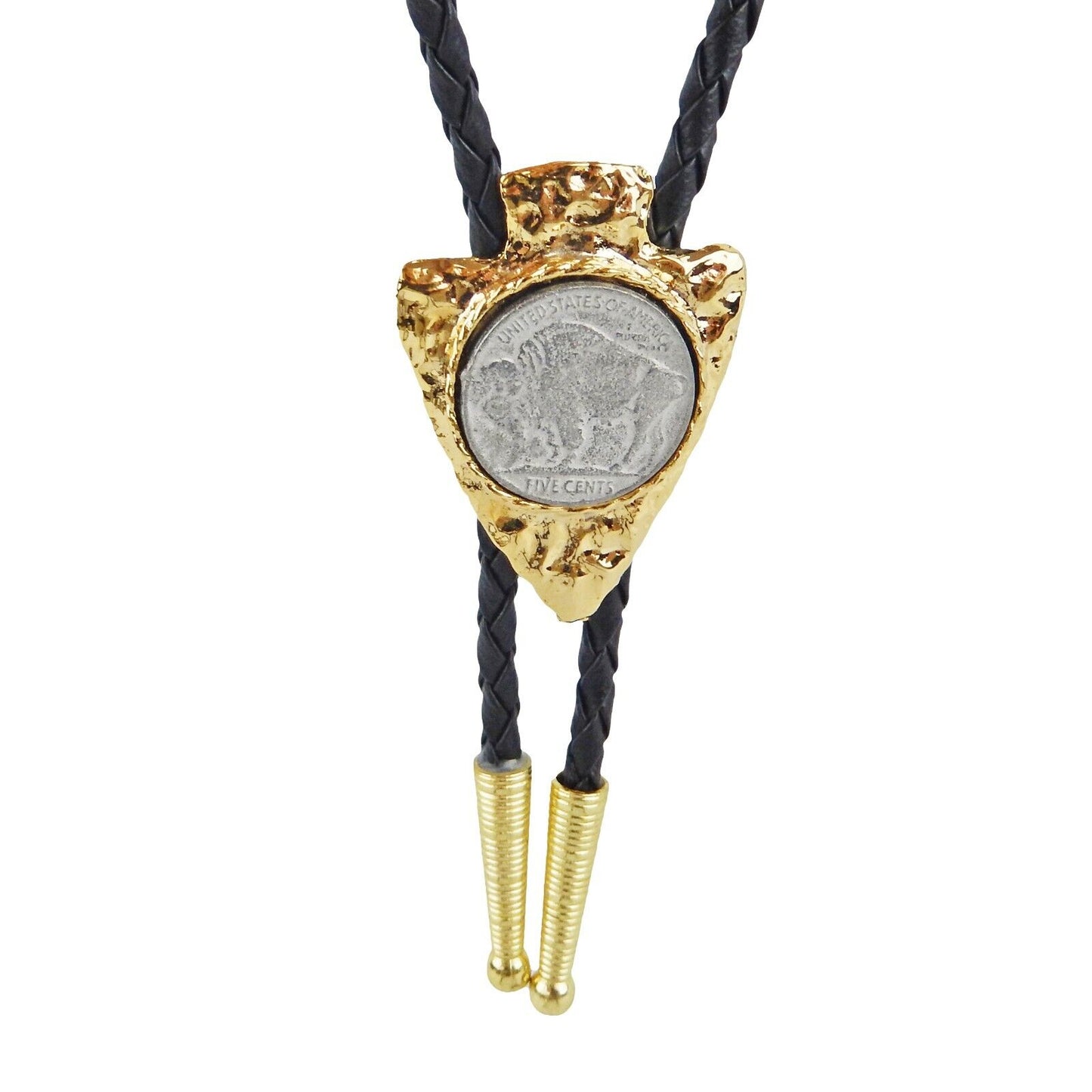 Buffalo Coin Gold Arrowhead Bolo Tie 36 inch Adjustable Braided Cord Made In USA