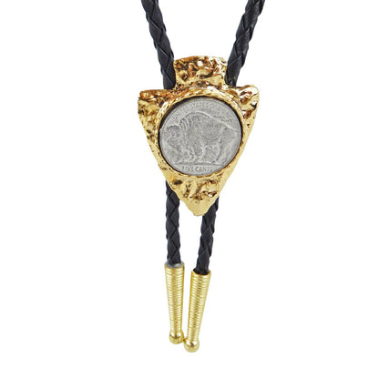 Buffalo Coin Gold Arrowhead Bolo Tie 36 inch Adjustable Braided Cord Made In USA