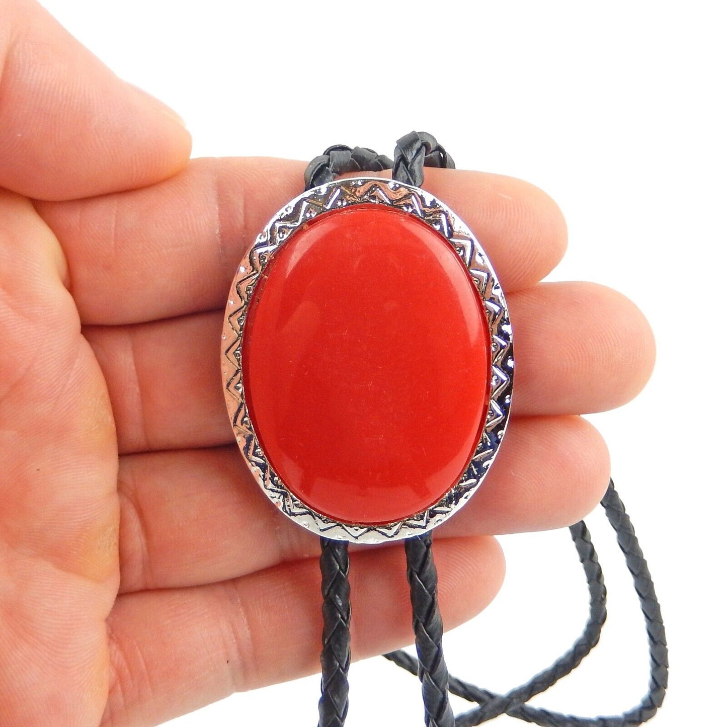 Oval Red Stone Antique Silver Bolo Tie 36 inch Adjustable Cord Made in USA