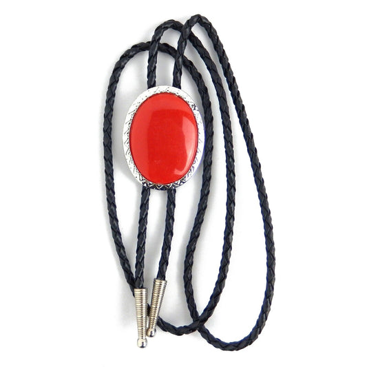 Oval Red Stone Antique Silver Bolo Tie 36 inch Adjustable Cord Made in USA