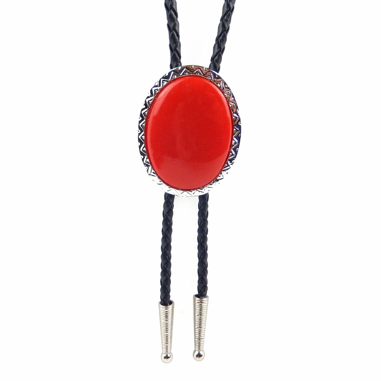 Oval Red Stone Antique Silver Bolo Tie 36 inch Adjustable Cord Made in USA