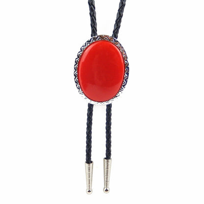 Oval Red Stone Antique Silver Bolo Tie 36 inch Adjustable Cord Made in USA