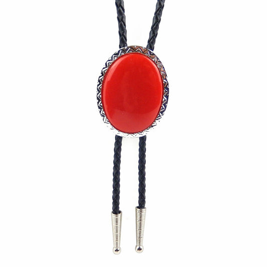 Oval Red Stone Antique Silver Bolo Tie 36 inch Adjustable Cord Made in USA