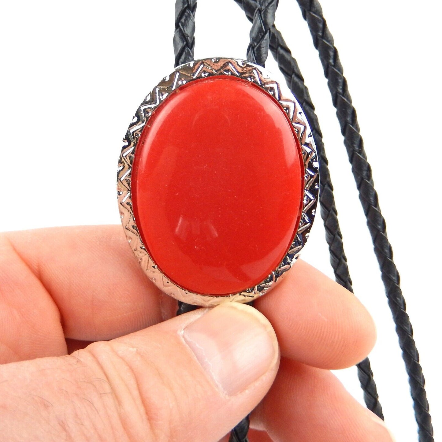 Oval Red Stone Antique Silver Bolo Tie 36 inch Adjustable Cord Made in USA