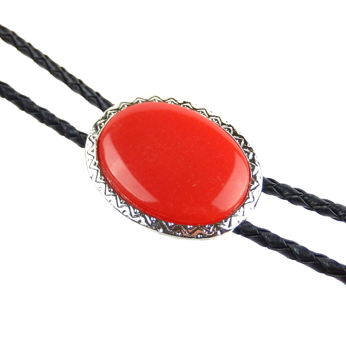 Oval Red Stone Antique Silver Bolo Tie 36 inch Adjustable Cord Made in USA