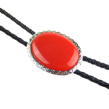 Oval Red Stone Antique Silver Bolo Tie 36 inch Adjustable Cord Made in USA