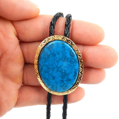 Oval Dark Blue Stone Gold Tone Bolo Tie 36 inch Adjustable Cord Made in USA