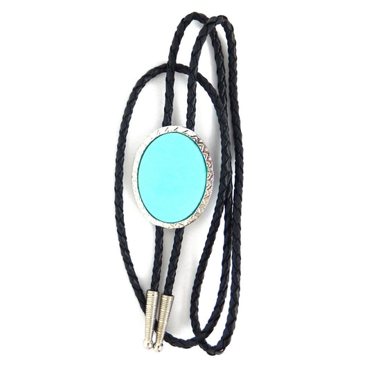 Oval Turquoise Stone Antique Silver Bolo Tie 36 inch Adjustable Cord Made in USA