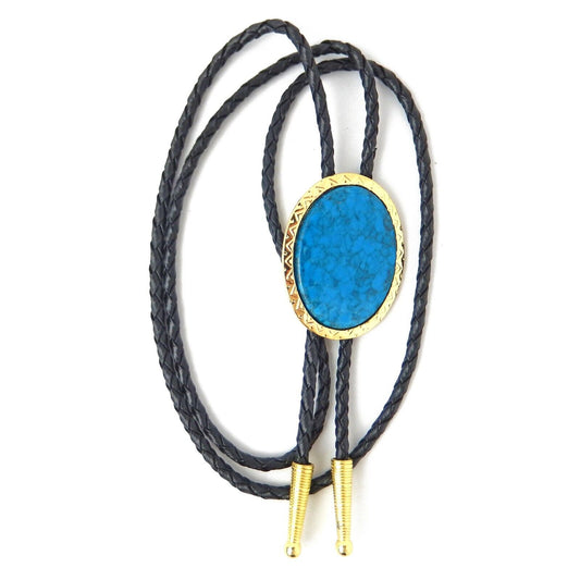 Oval Dark Blue Stone Gold Tone Bolo Tie 36 inch Adjustable Cord Made in USA