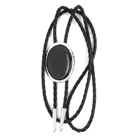 Oval Black Stone Antique Silver Bolo Tie 36 inch Adjustable Cord Made in USA