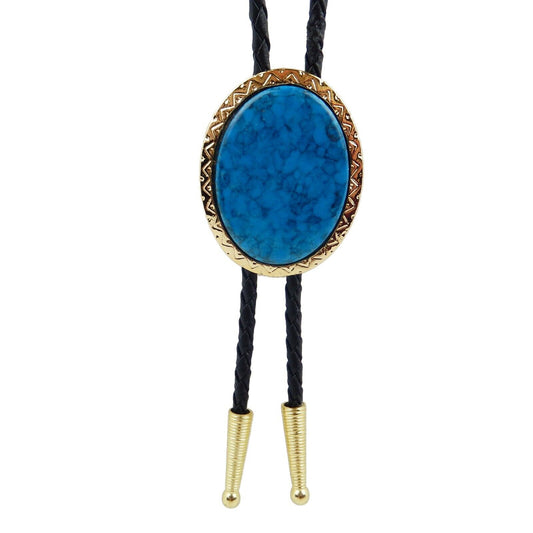 Oval Dark Blue Stone Gold Tone Bolo Tie 36 inch Adjustable Cord Made in USA