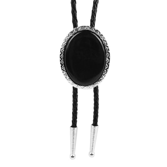 Oval Black Stone Antique Silver Bolo Tie 36 inch Adjustable Cord Made in USA