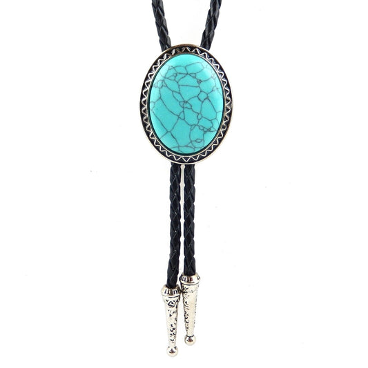 Oval Pendant Turquoise Stone Bolo Tie 40 inch Black Leather Cord Antique Silver