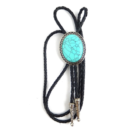 Oval Pendant Turquoise Stone Bolo Tie 40 inch Black Leather Cord Antique Silver