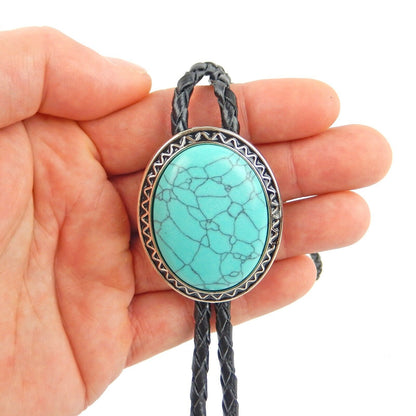 Oval Pendant Turquoise Stone Bolo Tie 40 inch Black Leather Cord Antique Silver