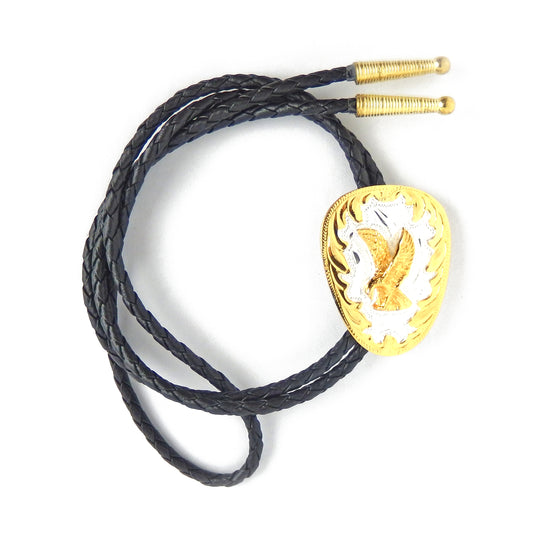 German Silver Golden American Eagle Bolo Tie 36 inch Black Cord Made in USA