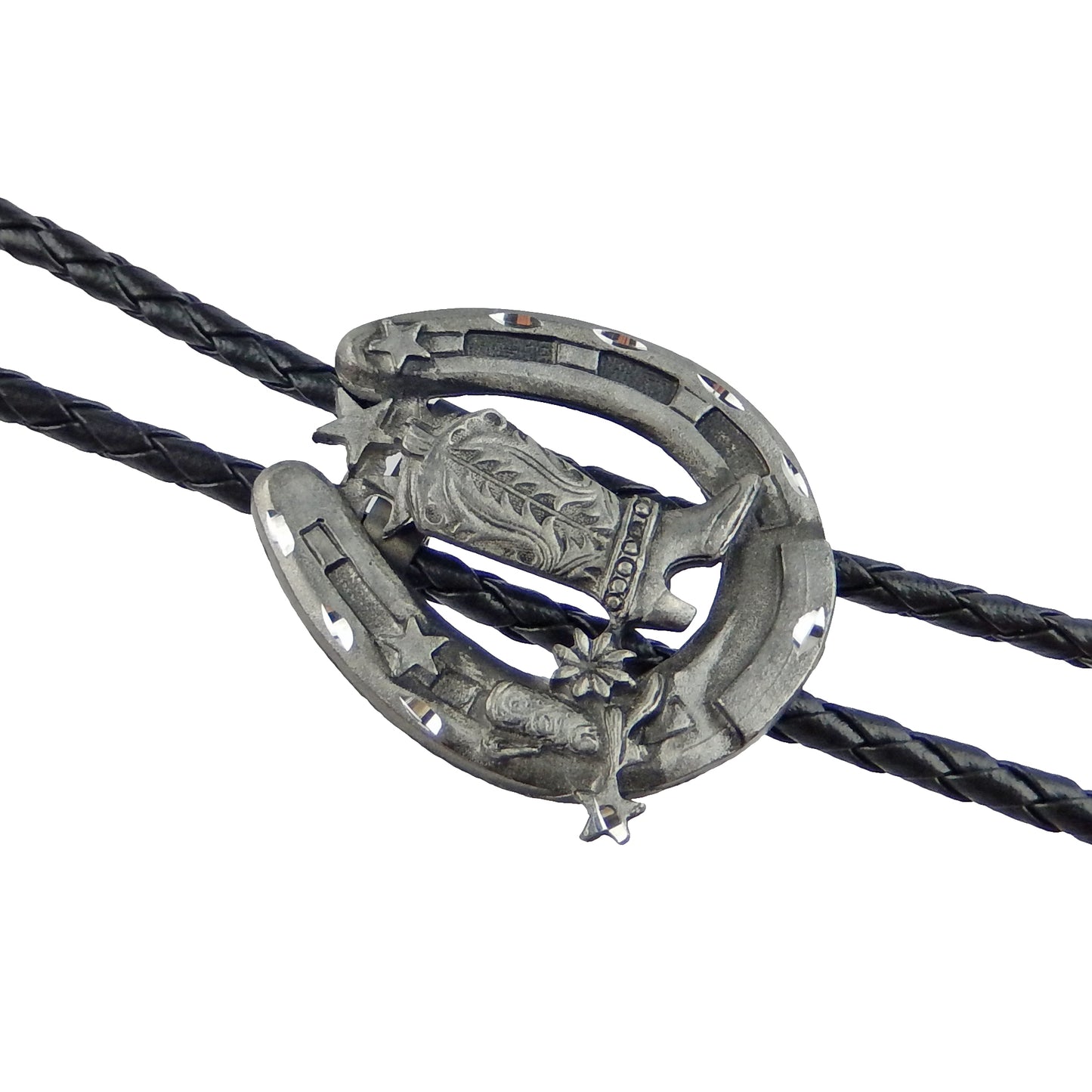 Horseshoe Cowboy Boot Bolo Tie Western Silver Tone 36 inch Black Cord USA Made