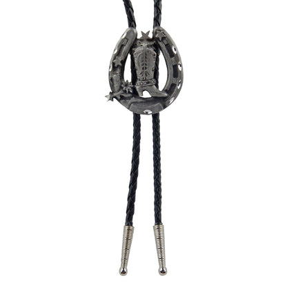 Horseshoe Cowboy Boot Bolo Tie Western Silver Tone 36 inch Black Cord USA Made