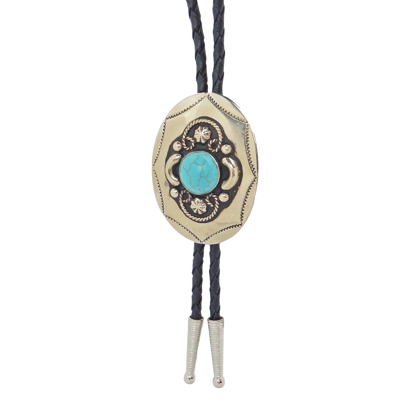 German Silver Oval Turquoise Bolo Tie Adjustable 36 inch Black Cord Made in USA