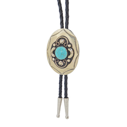 German Silver Oval Turquoise Bolo Tie Adjustable 36 inch Black Cord Made in USA