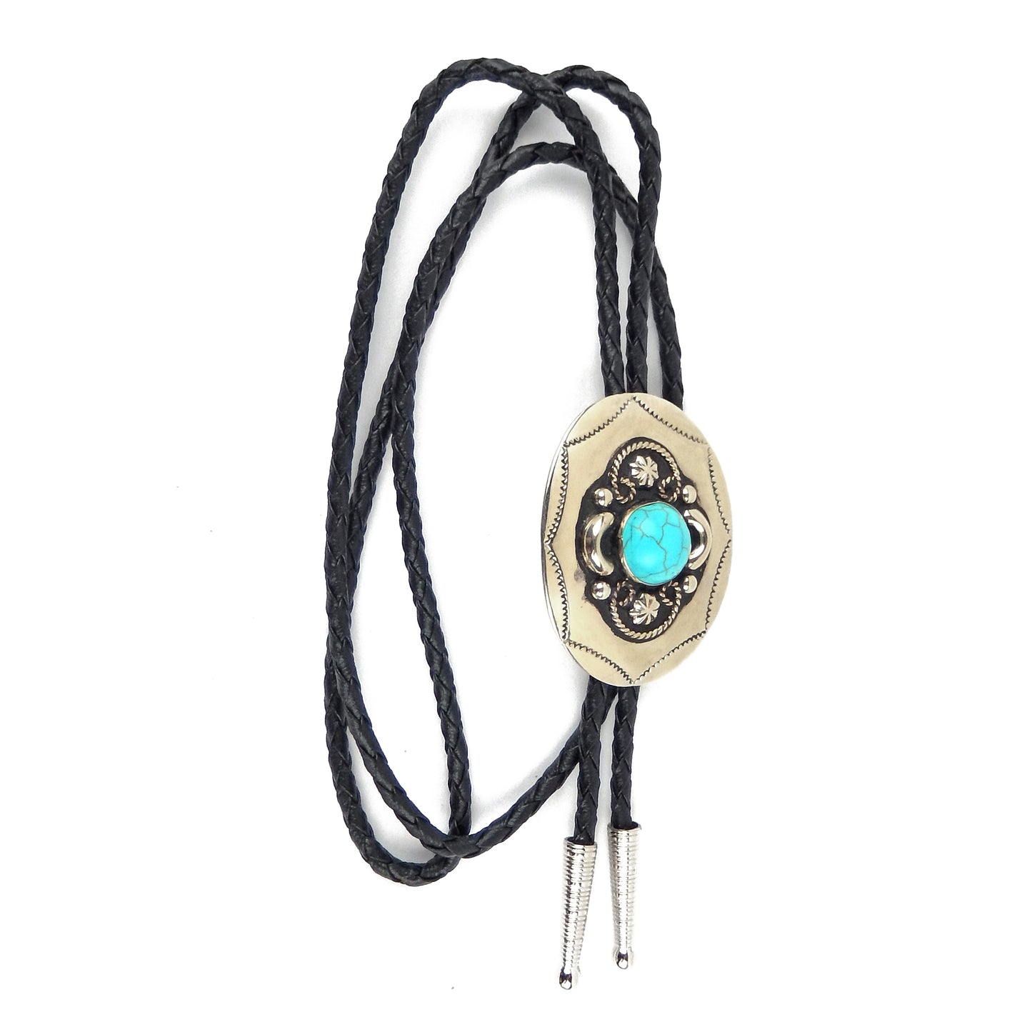 German Silver Oval Turquoise Bolo Tie Adjustable 36 inch Black Cord Made in USA