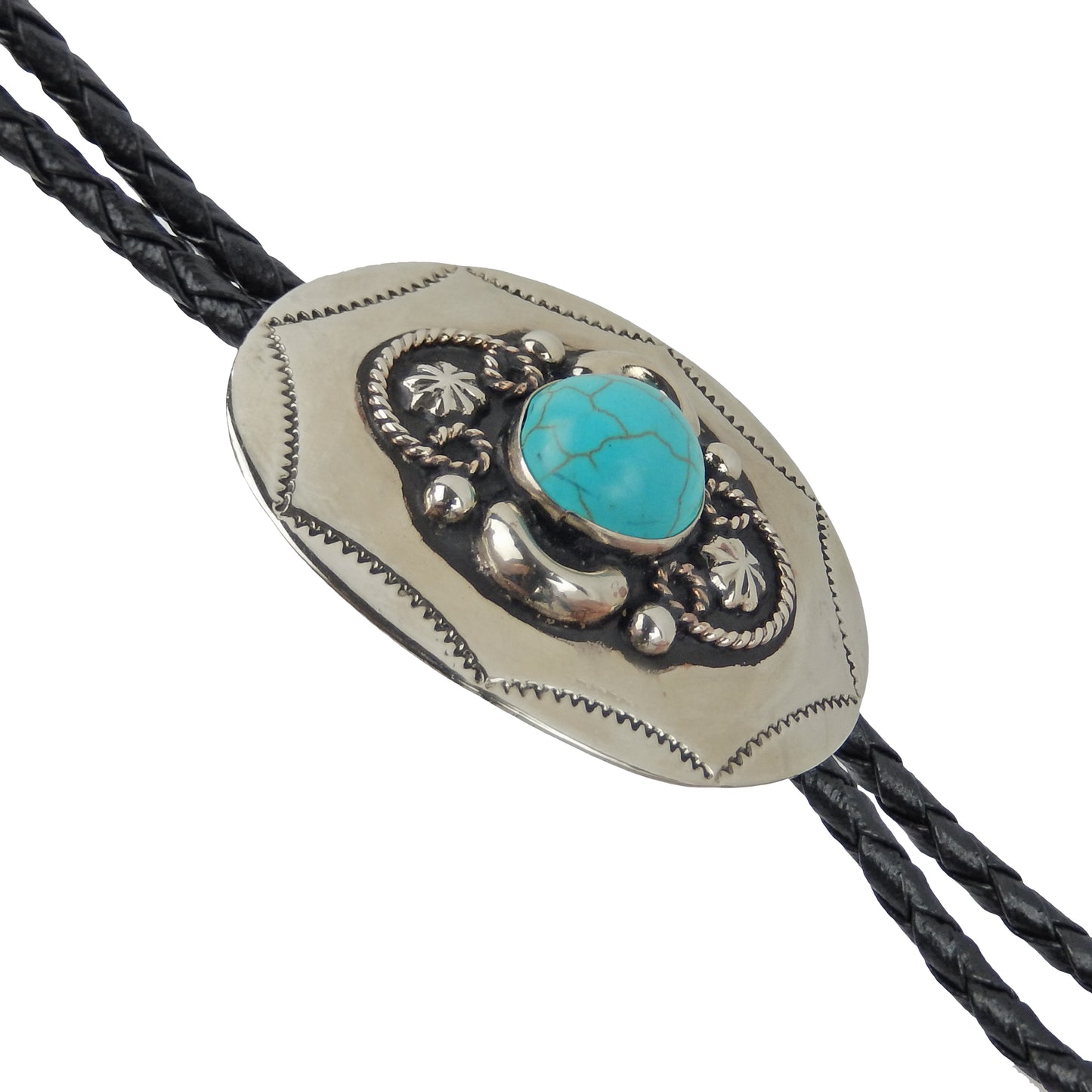 German Silver Oval Turquoise Bolo Tie Adjustable 36 inch Black Cord Made in USA